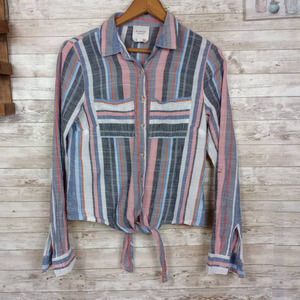 HARPER Heritage Womens Pink Blue Gray Striped Cotton Cropped Button Down‎ XS